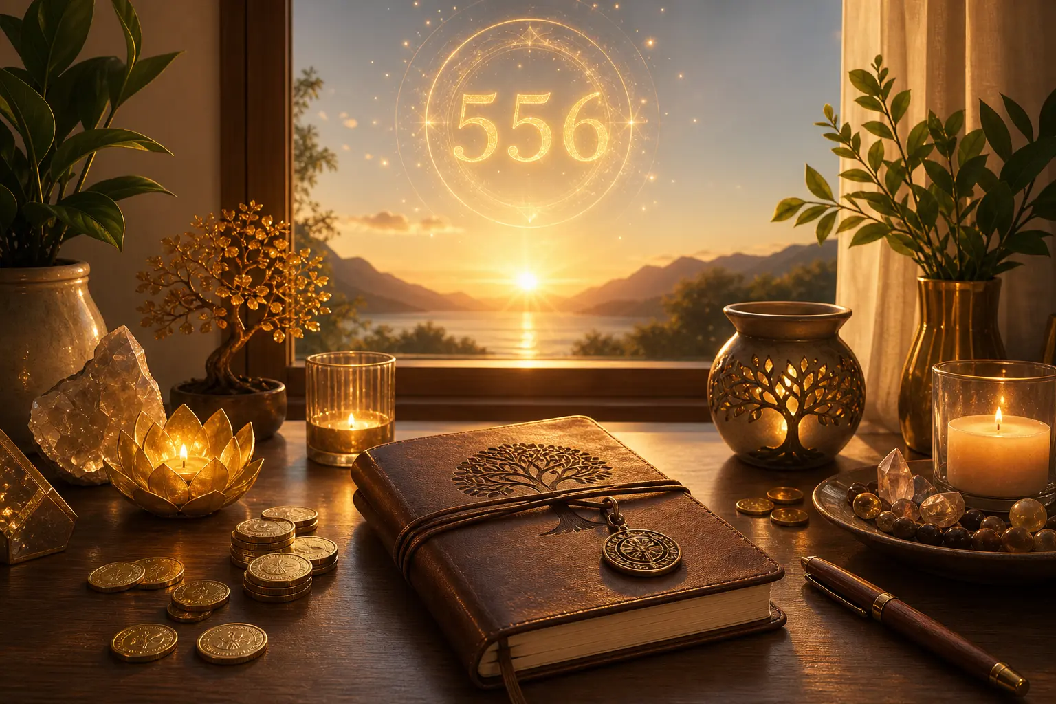 556 angel number career and money meaning with journal, coins, and sunrise desk