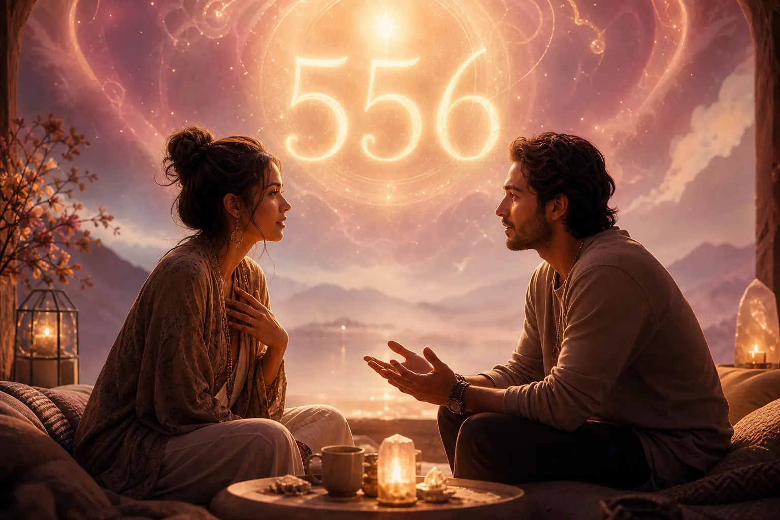 556 angel number love meaning with two figures under warm light