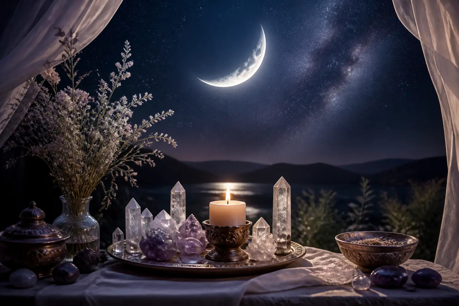 Crescent moon above a simple altar with candle and crystals representing intuition and sacred feminine energy