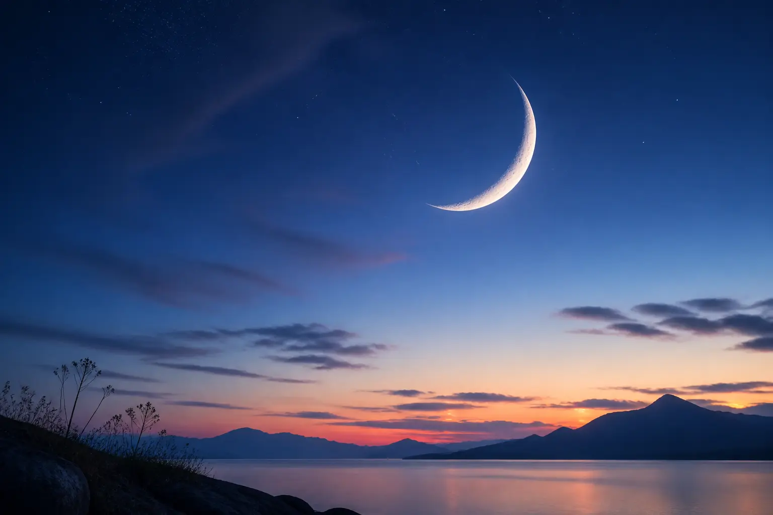 Waxing crescent moon over a calm horizon symbolizing new beginnings and spiritual growth