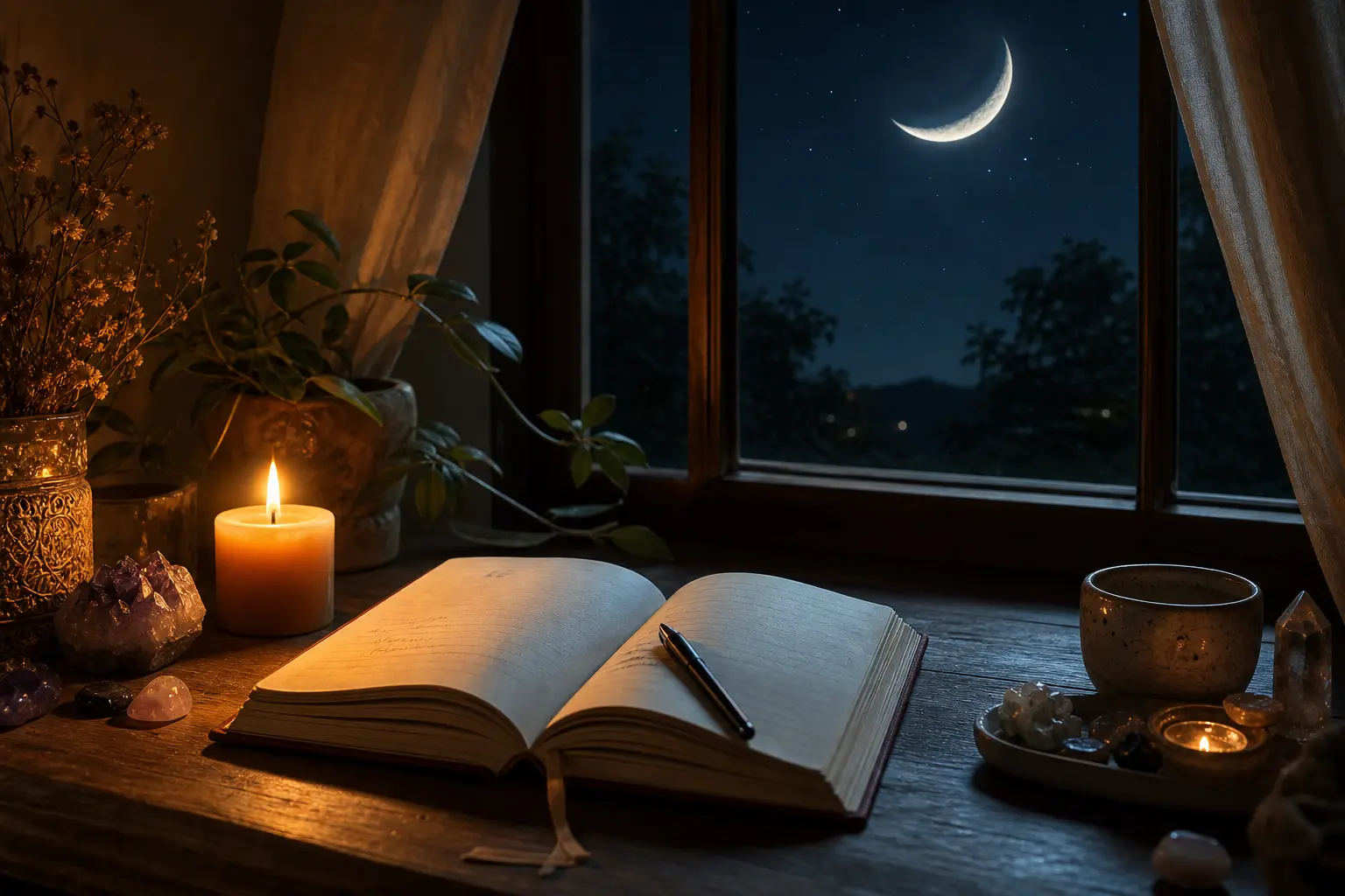 Journal and candle by a moonlit window with a glowing crescent moon for spiritual reflection