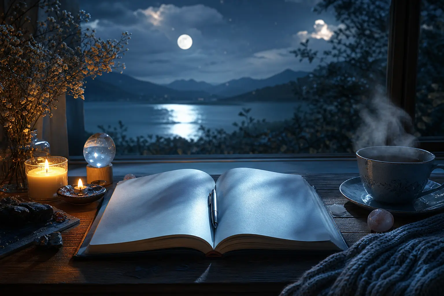 Reflecting after a full moon affirmation ritual with a journal and candlelight