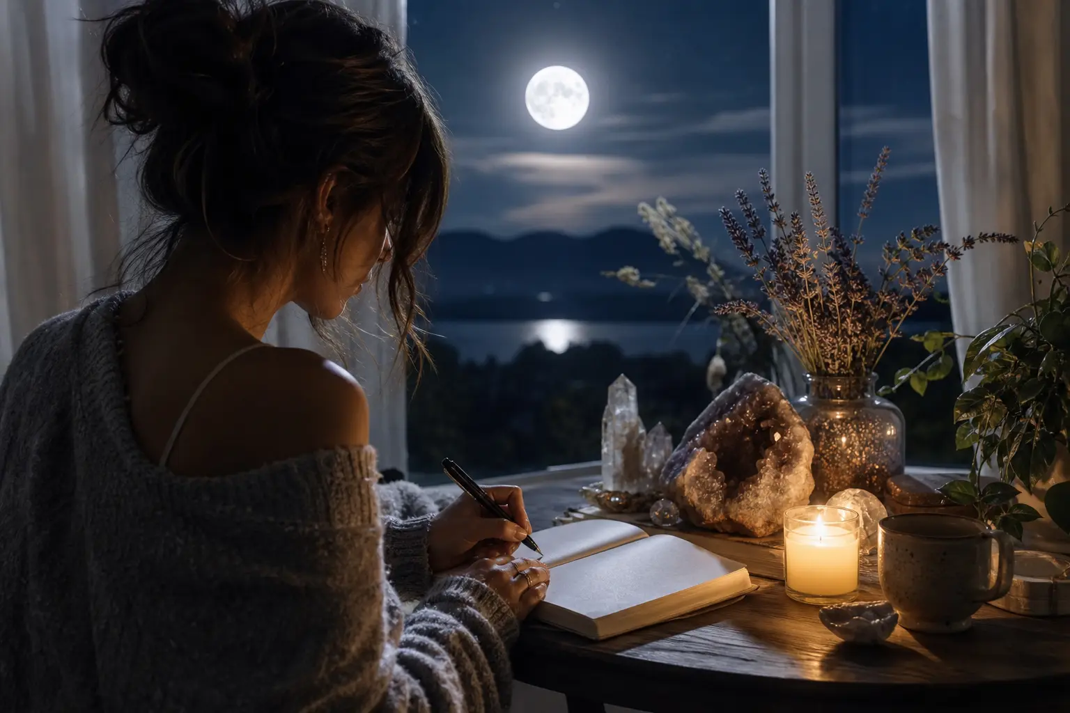Writing full moon manifestation affirmations in a journal by candlelight