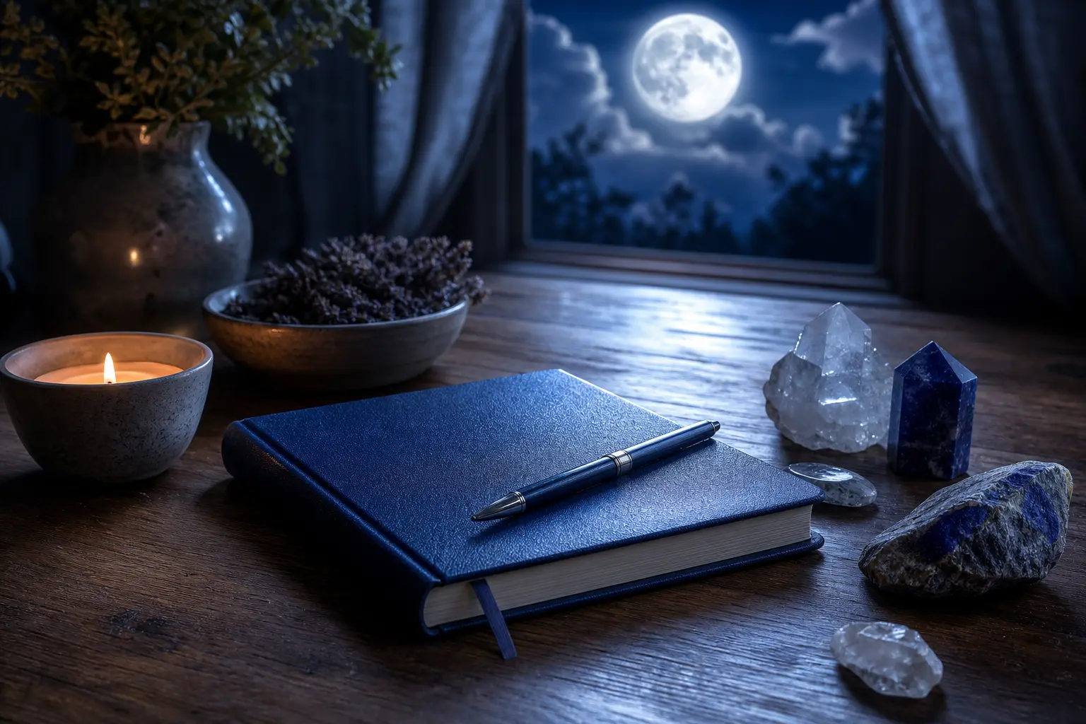 Full moon altar setup for a manifestation ritual with candles, journal, and crystals