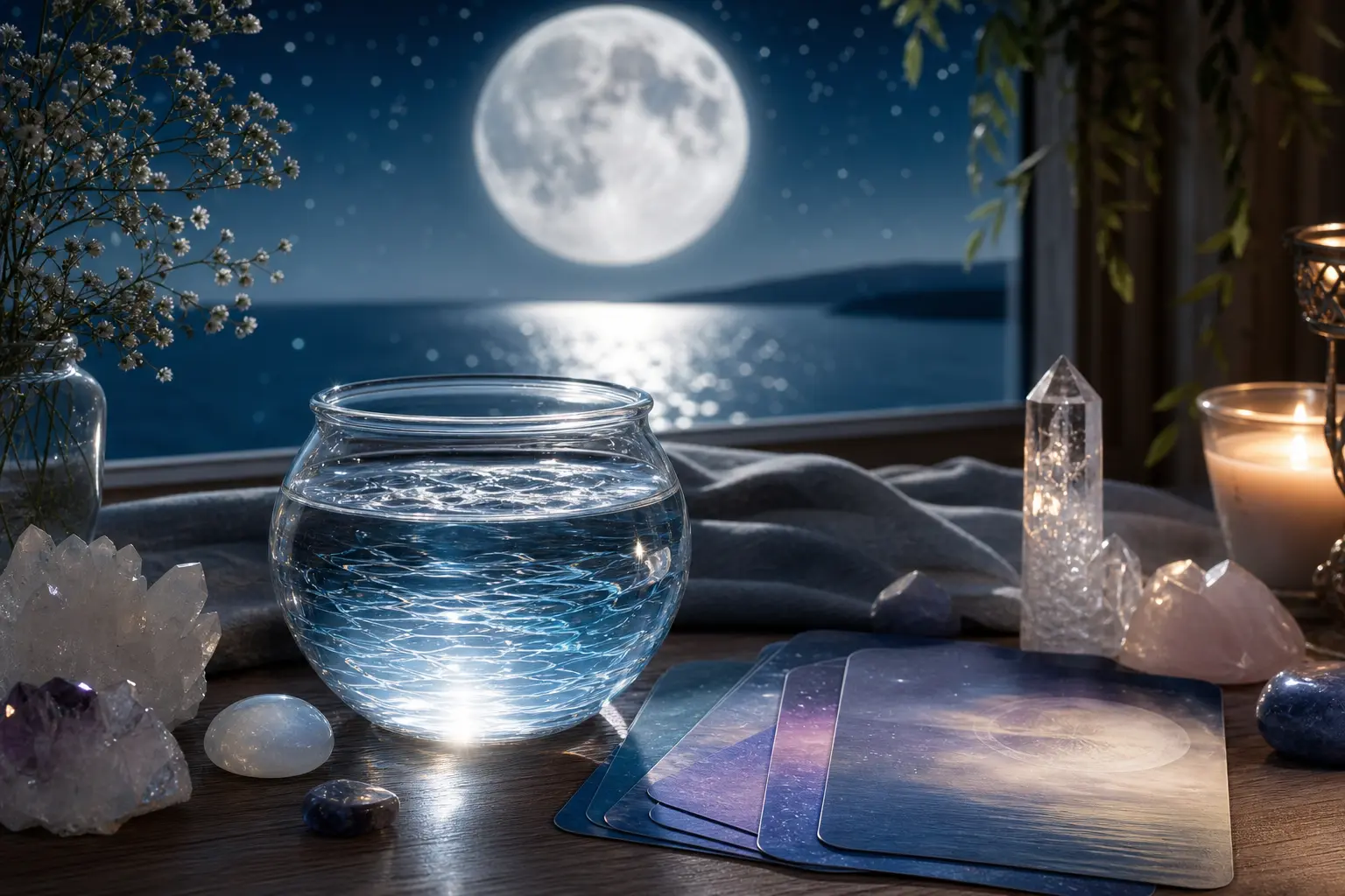 Moon water and written affirmations used after a full moon manifestation ritual for alignment and abundance