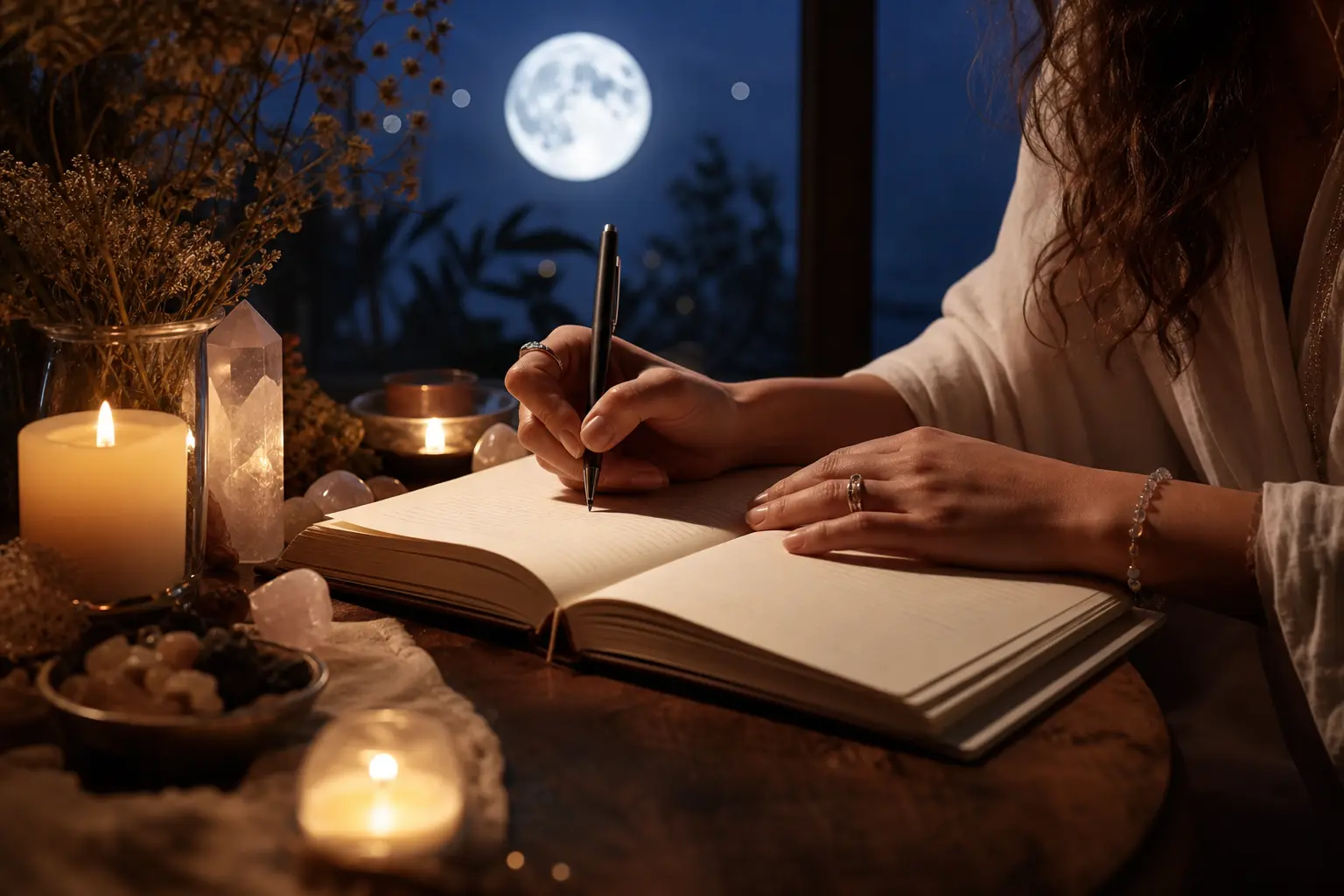 Writing intentions during a full moon manifestation ceremony with moonlight on a journal