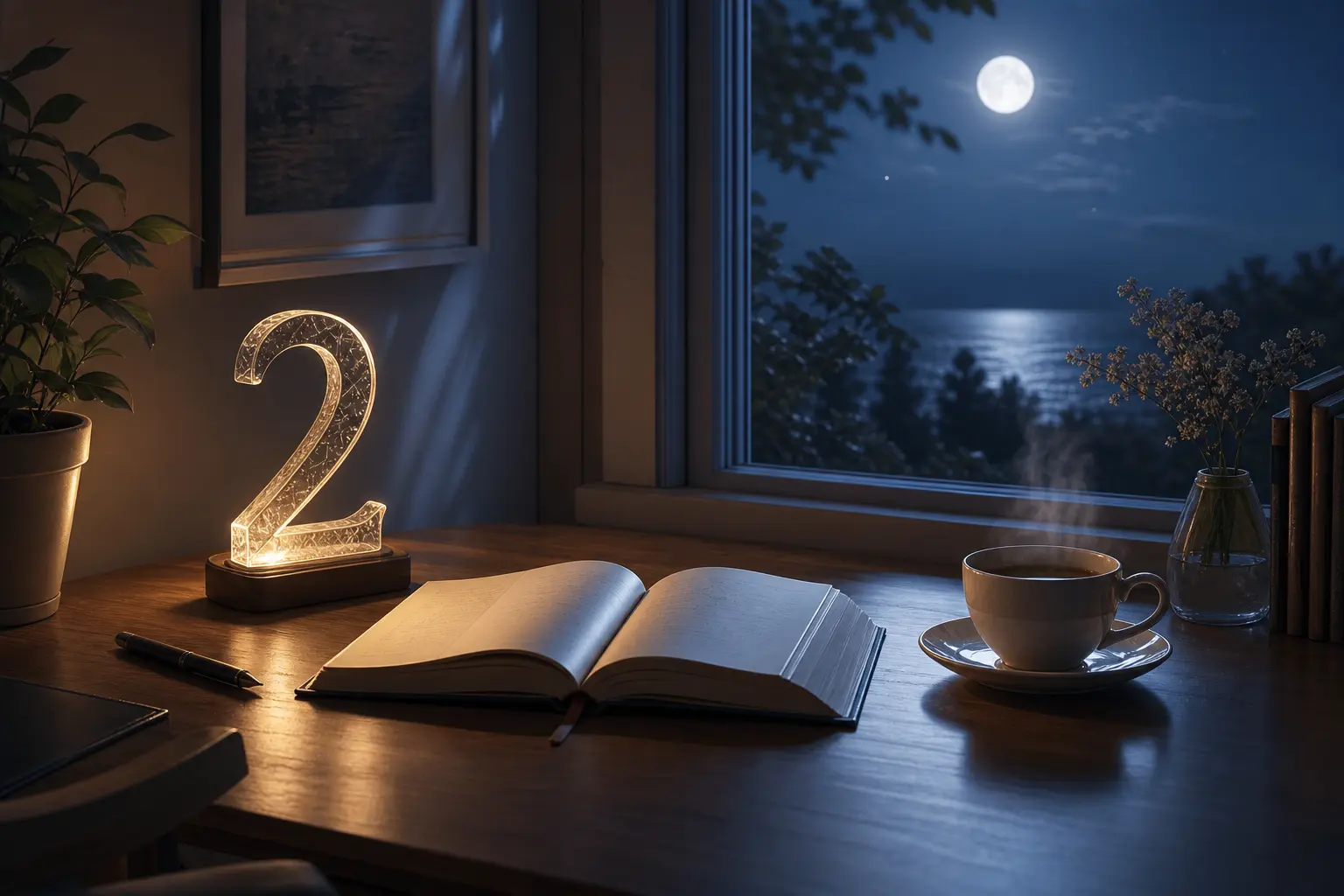 House number 2 spiritual meaning reflected through a calm home workspace, journal, and intuitive energy