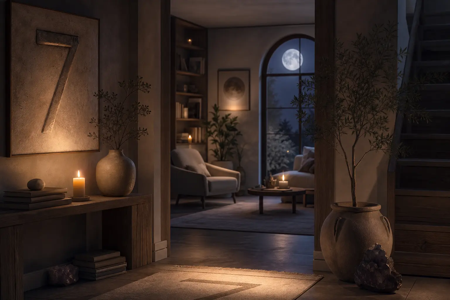 Quiet entryway and living space reflecting the introspective energy of a number 7 home