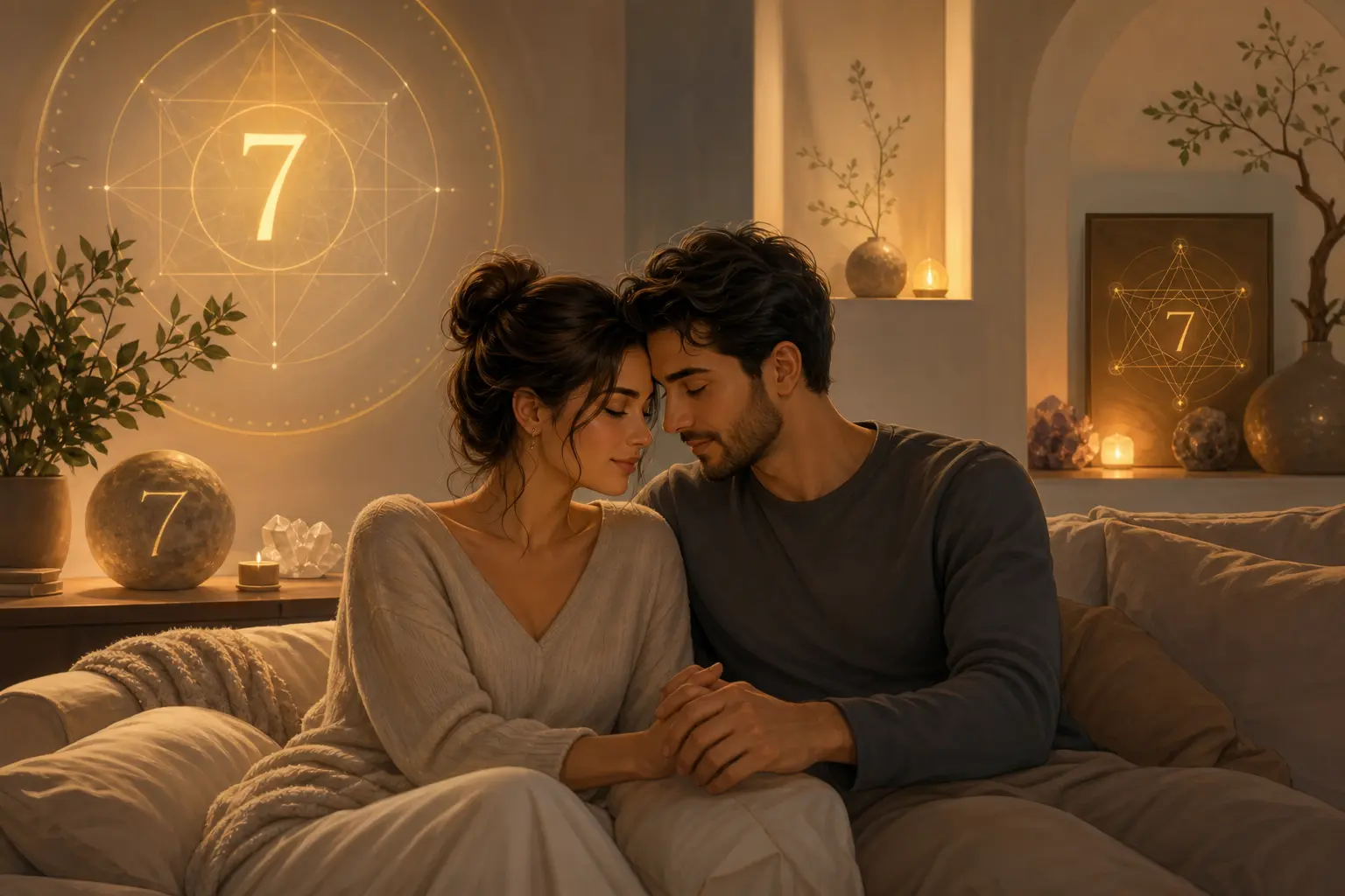 Peaceful romantic connection inside a calm number 7 home