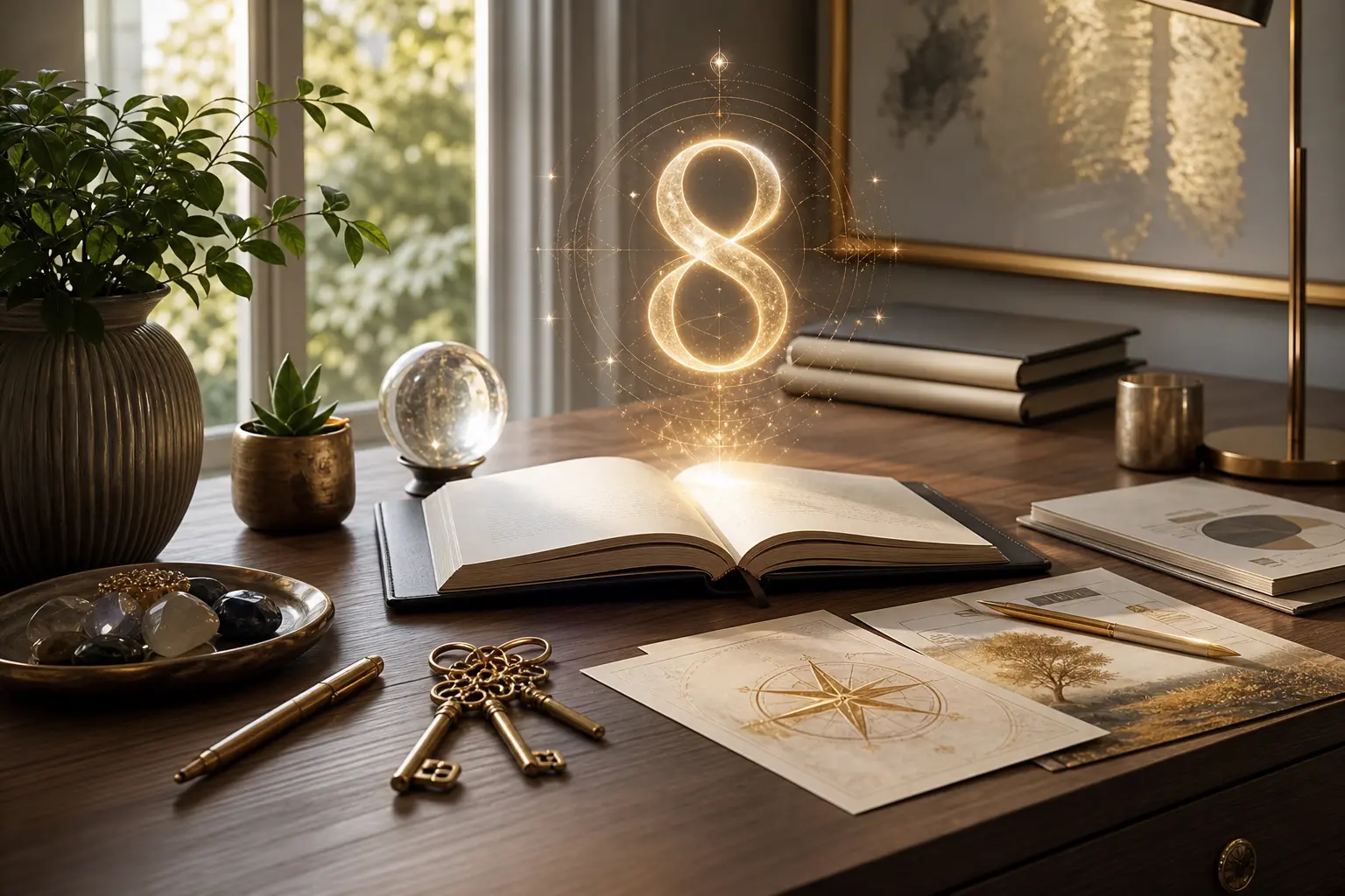 House number 8 money and career symbolism with a home workspace, journal, and grounded abundance imagery
