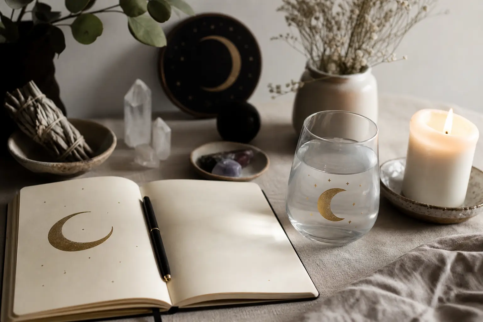 New moon affirmations for abundance and fresh starts with a water glass and calm ritual setup