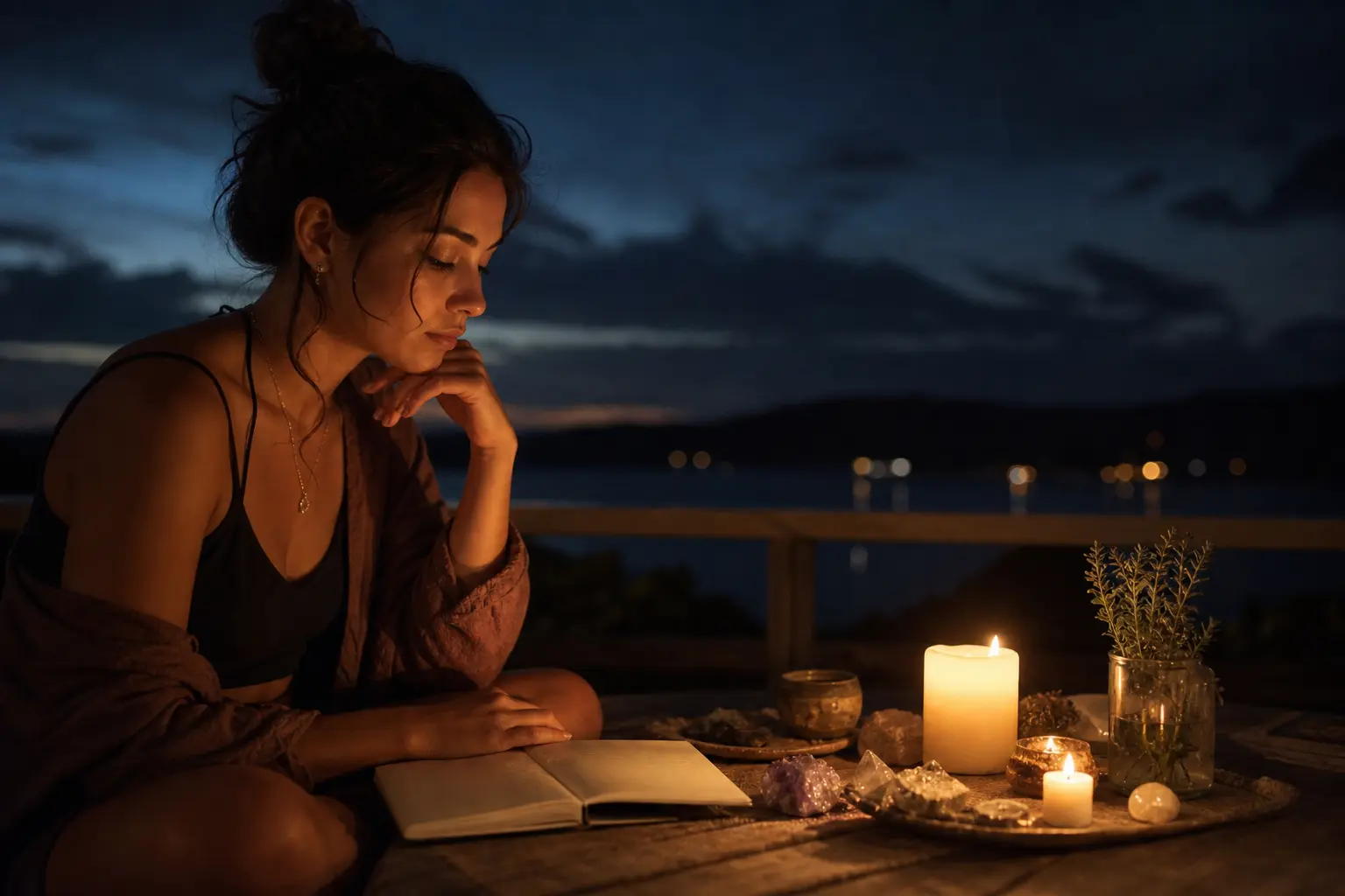 Reflecting on new moon intentions after a manifestation ritual under a dark sky