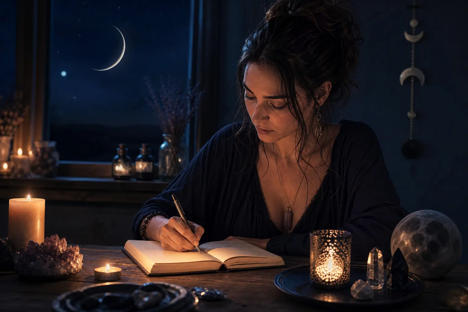 Writing new moon manifestation affirmations in a journal by candlelight