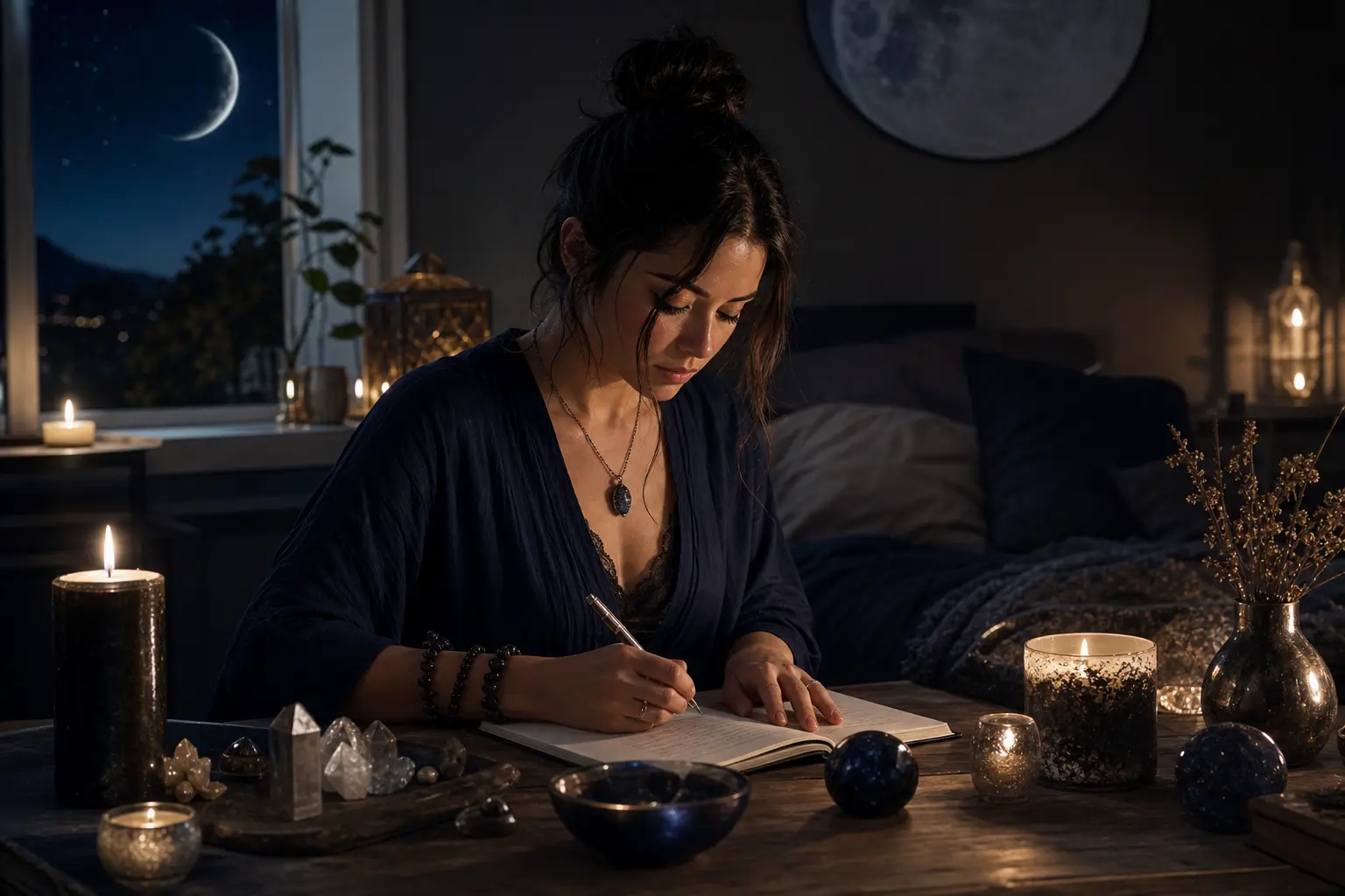 Woman journaling by candlelight during a new moon manifestation ritual