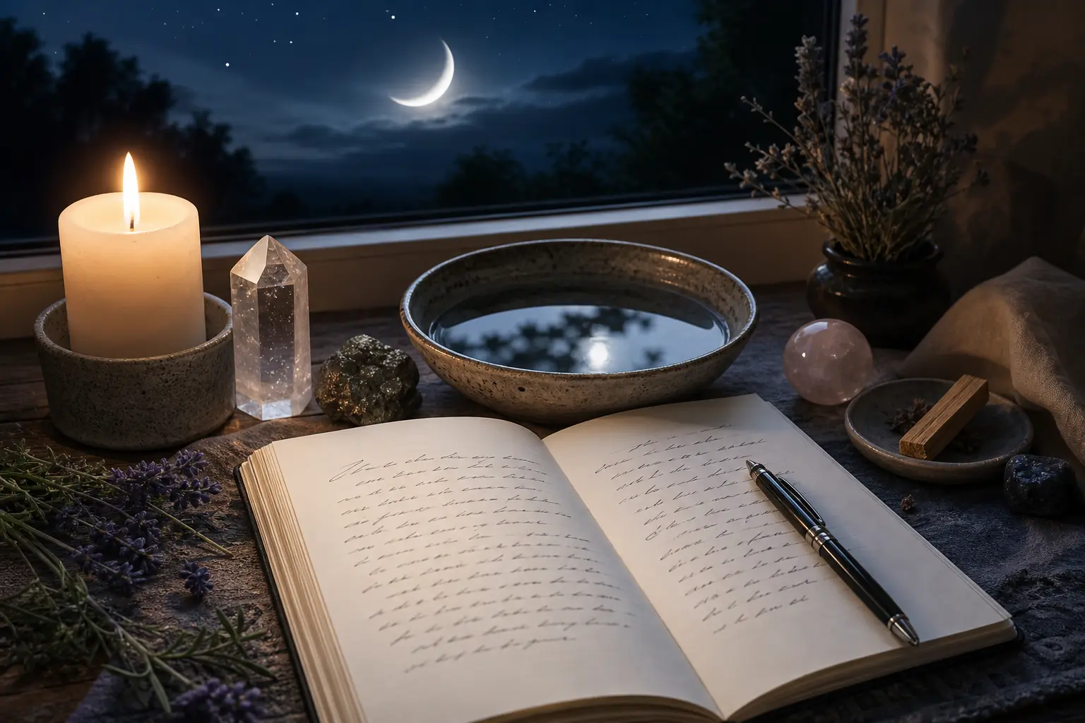 New moon altar with candle journal and crystal for intention setting