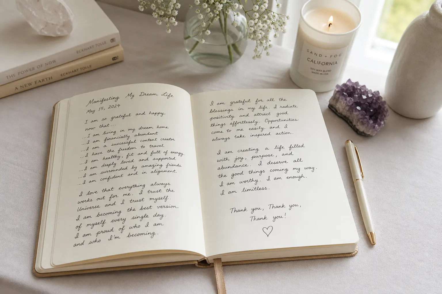 Journal open with a scripting manifestation example written by hand