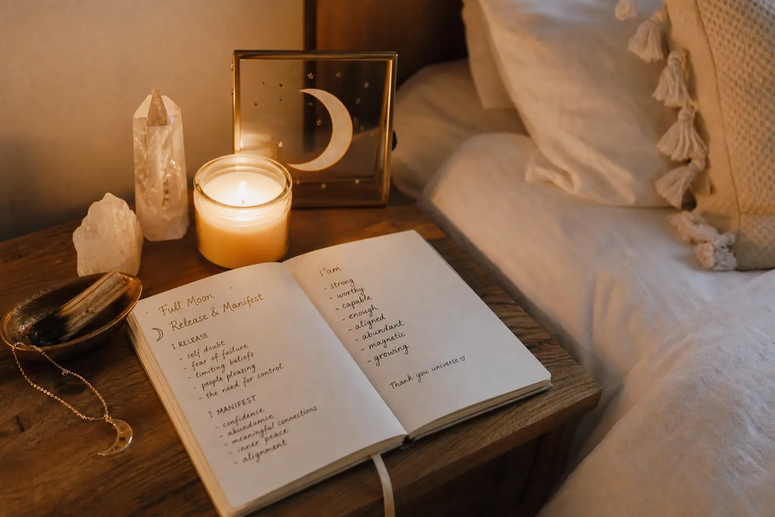 Scripting manifestation practice paired with a moon ritual setup