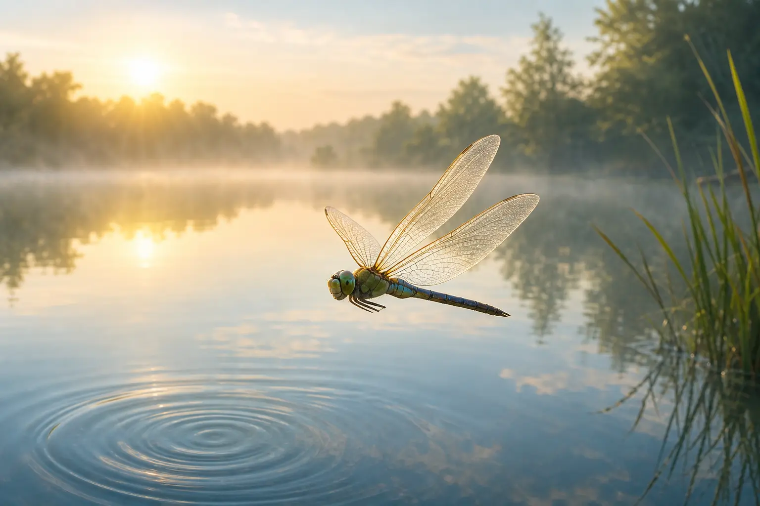 Luminous dragonfly over a still pond at sunrise