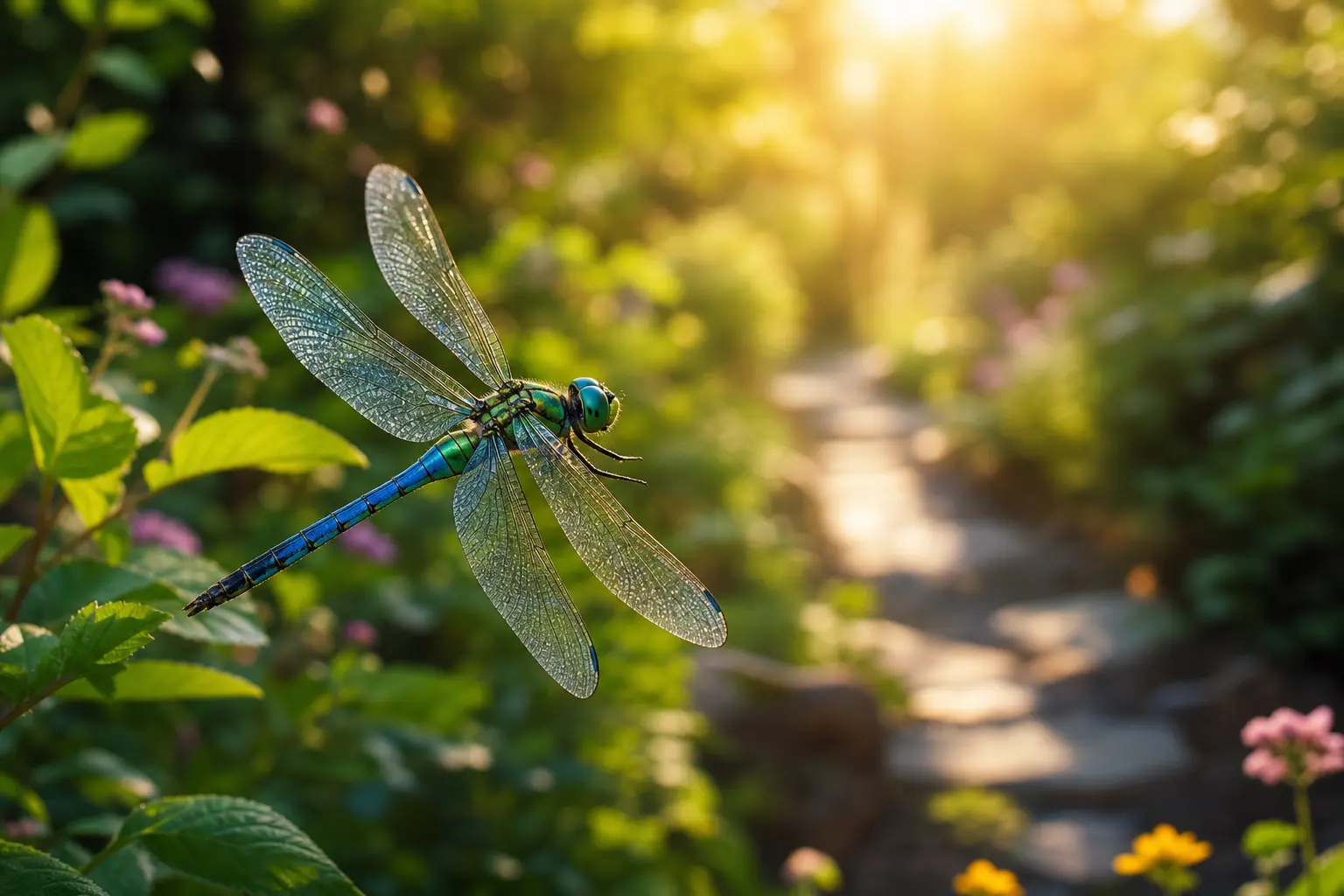 Blue and green dragonfly near a garden path in golden light