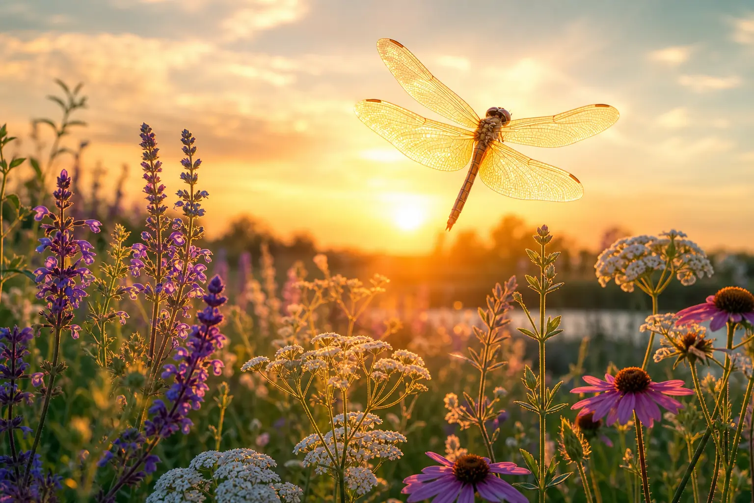 Dragonfly above wildflowers symbolizing love healing and new beginnings