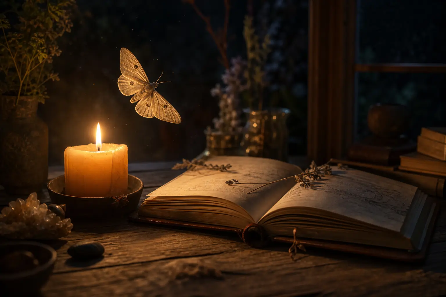 Moth flying near a candle and open journal at night