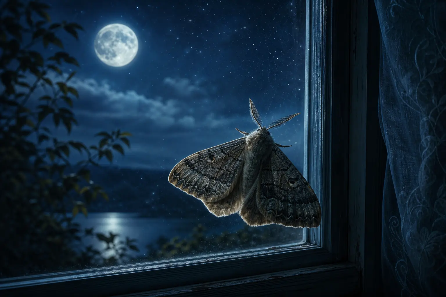 Moth resting on a moonlit window at night