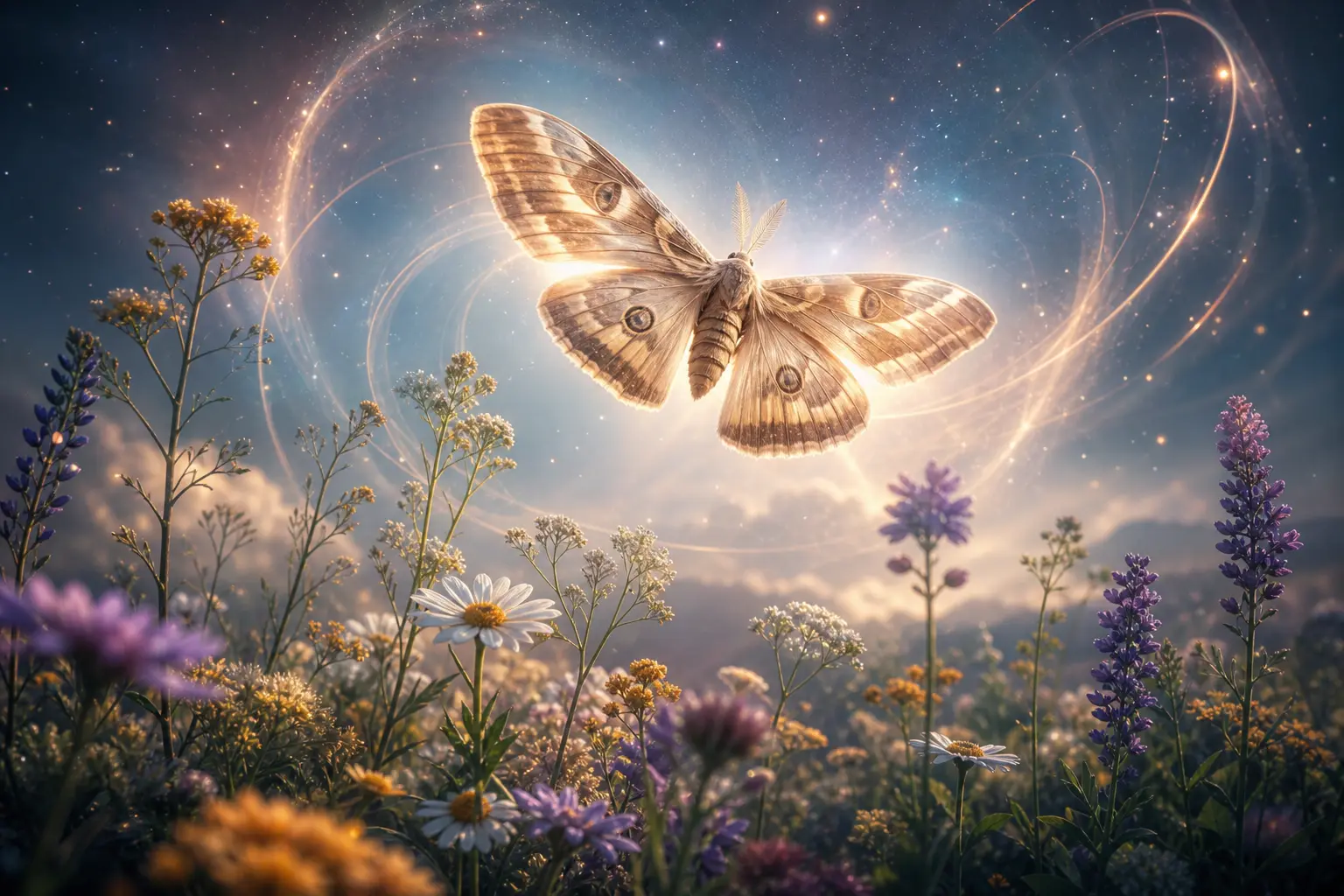 Luminous moth above wildflowers symbolizing transformation and healing